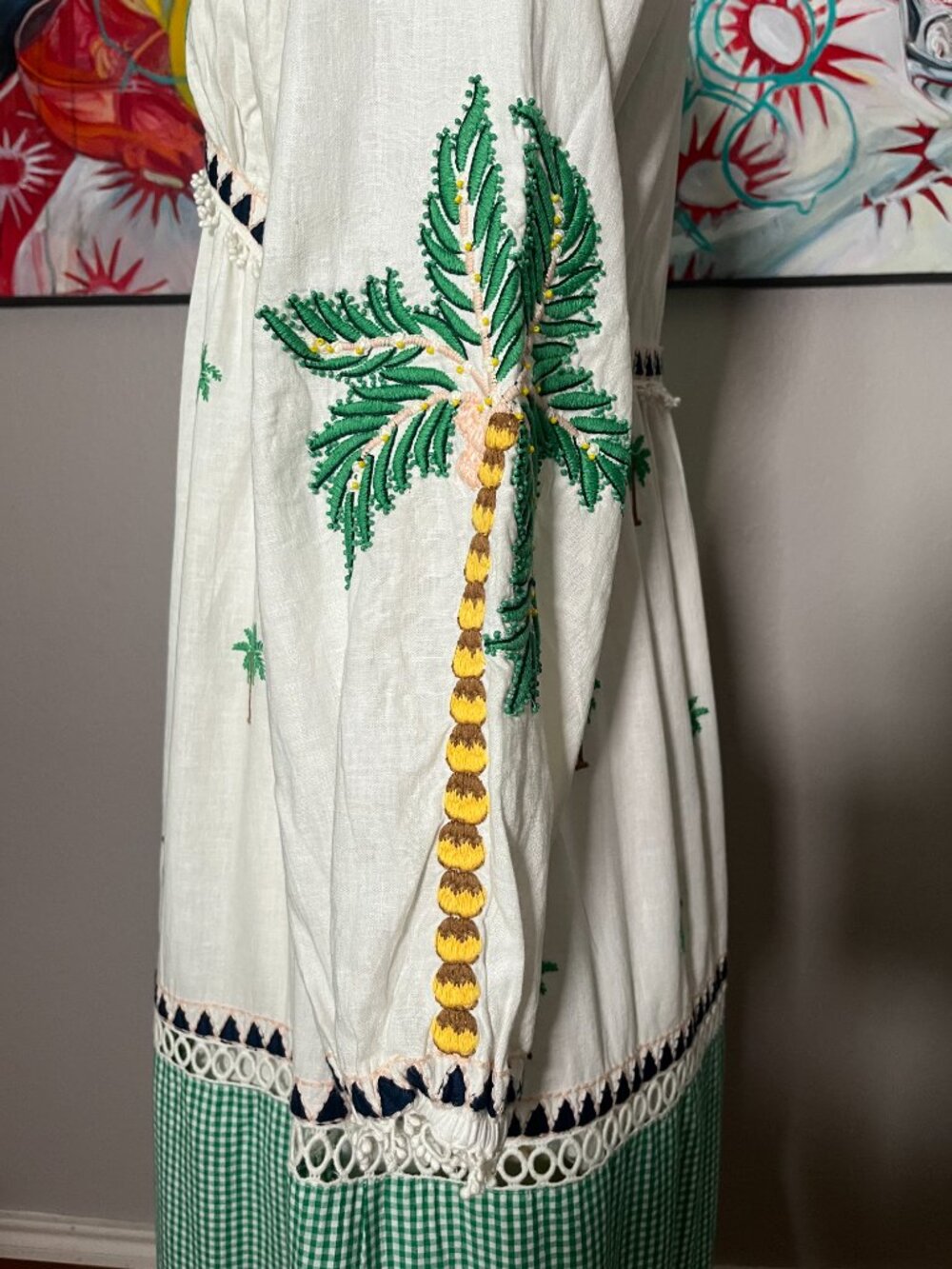 FARM Rio Embroidered Palm Tree Gingham Green White Maxi Dress - Picture 8 of 12
